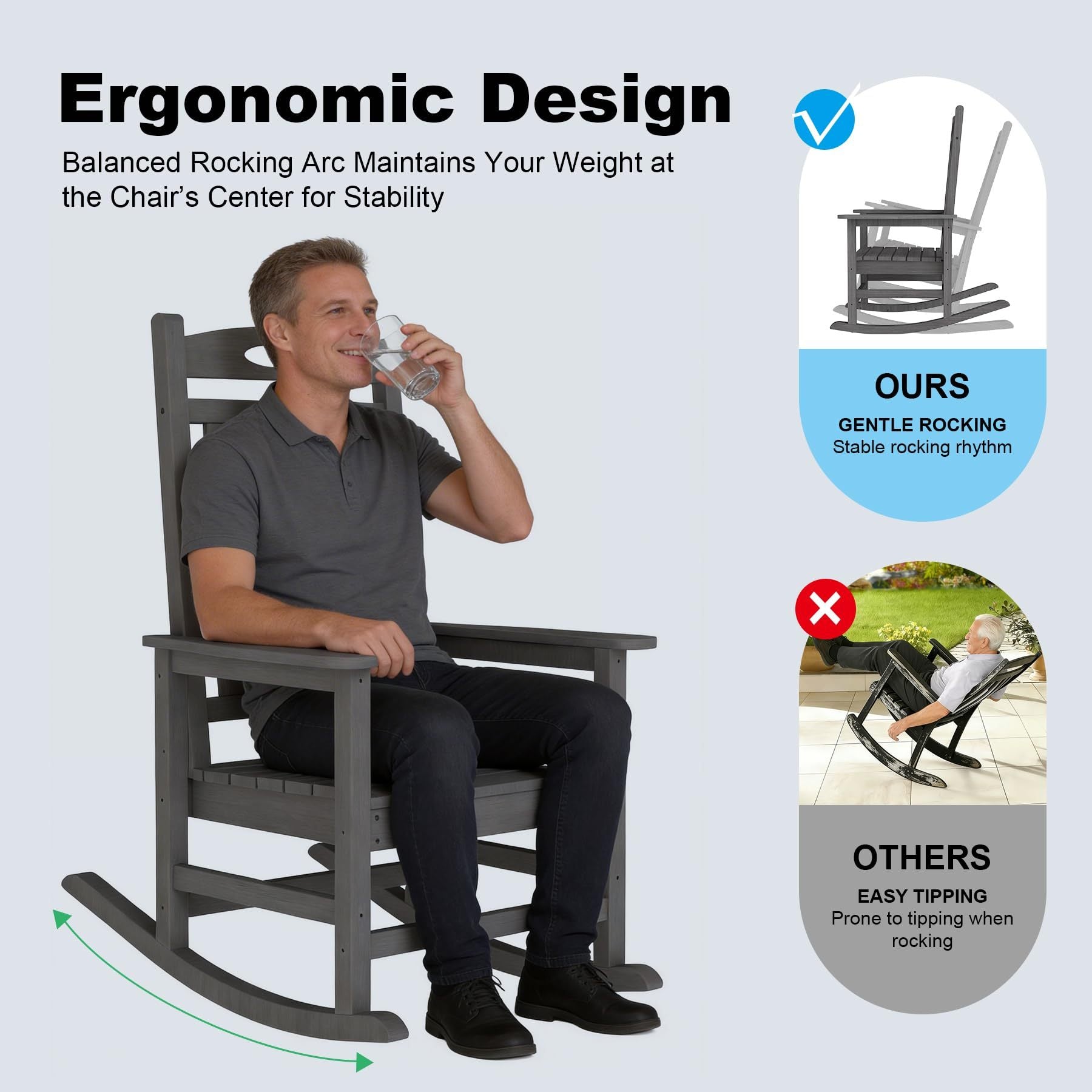 Outdoor Rocking Chair Set of 2, HDPE Patio Rocking Chair for Adults, Oversized Outdoor Rocker for Porch Garden Lawn,Grey