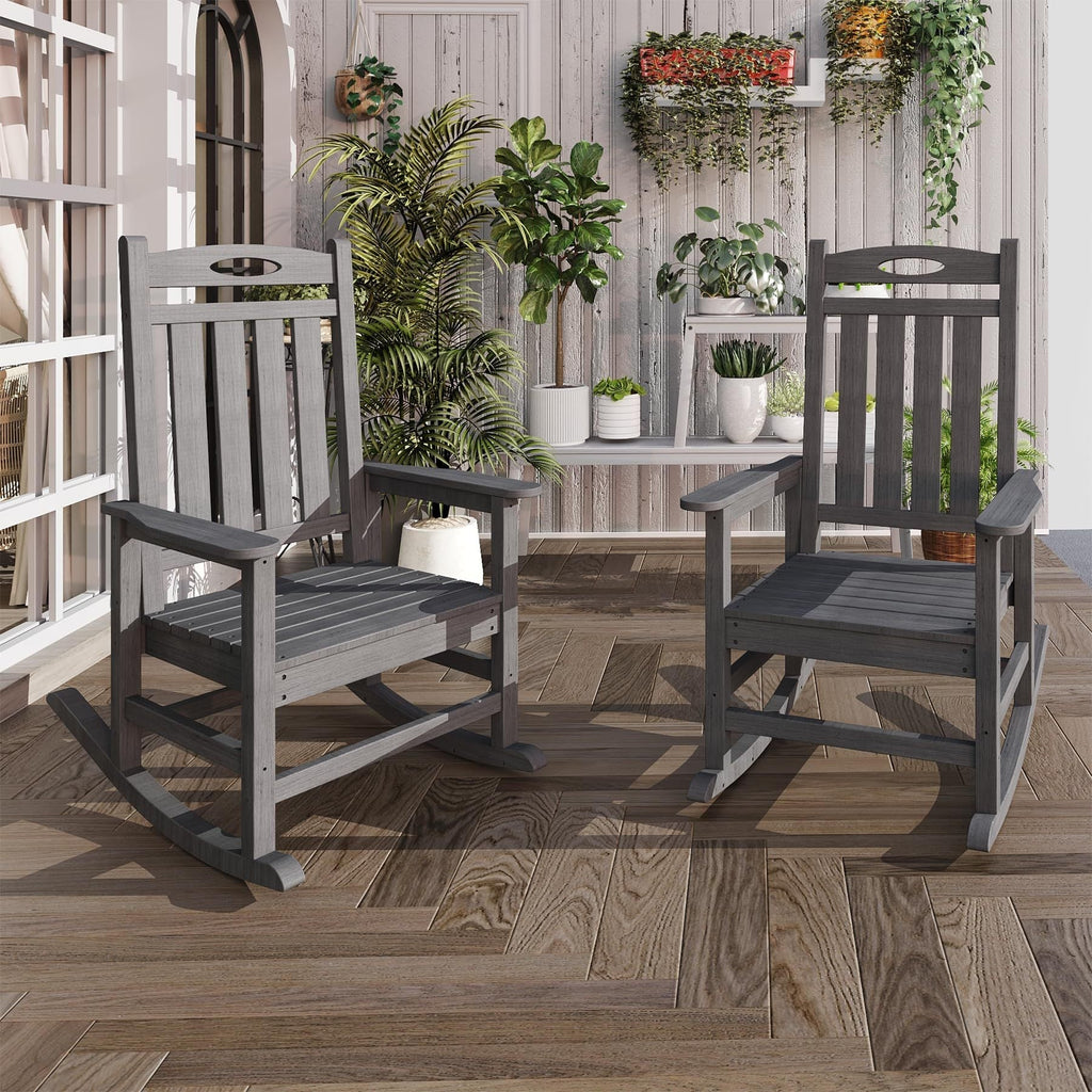 Outdoor Rocking Chair Set of 2, HDPE Patio Rocking Chair for Adults, Oversized Outdoor Rocker for Porch Garden Lawn,Grey